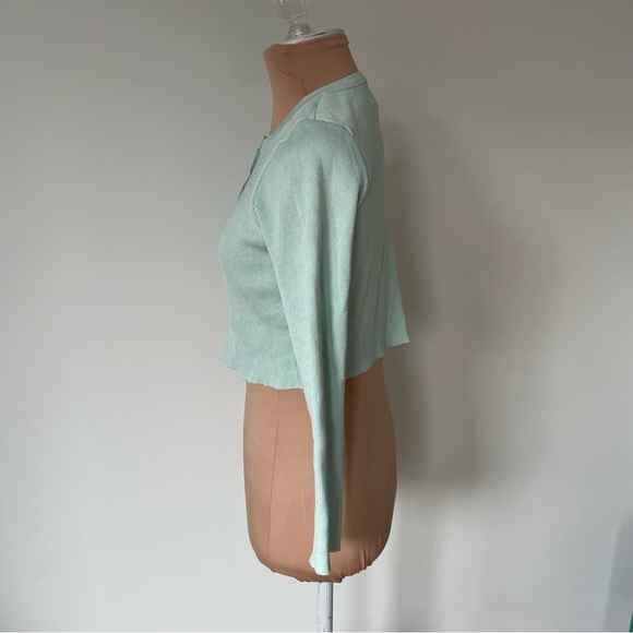 SNDYS Sage Green Ribbed Cropped Viscose Sheer Knit Cardi Cardigan Sweater EUC S - Picture 8 of 12